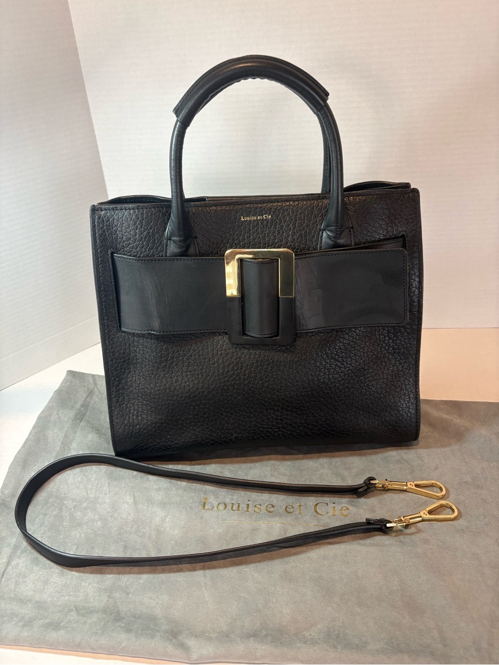 Louise et Cie Black Pebbled Leather Top-Handle Satchel with Gold Buckle
